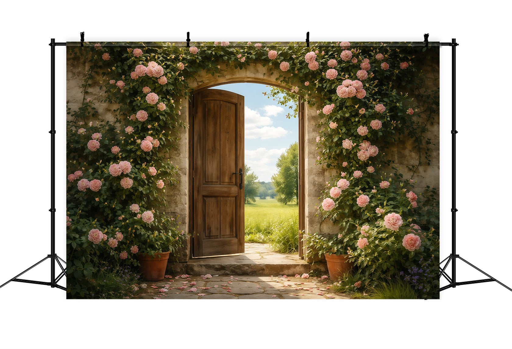 Mother's Day Portrait Backdrop Rustic Garden Door Pink Rose Mother's Day Backdrop LXX63-4