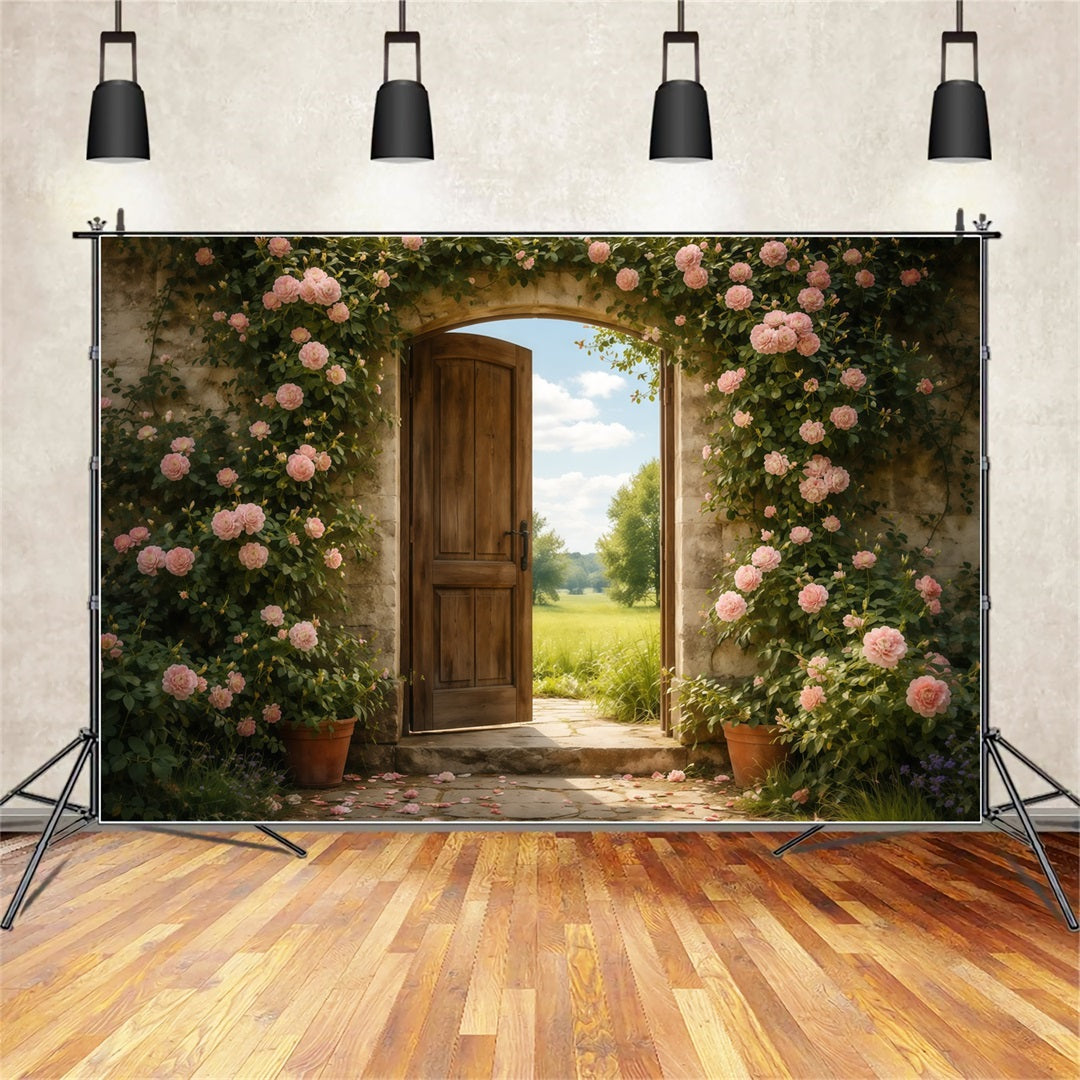 Mother's Day Portrait Backdrop Rustic Garden Door Pink Rose Mother's Day Backdrop LXX63-4