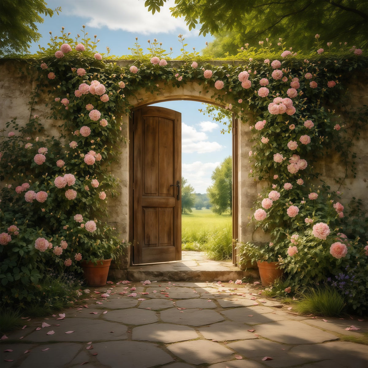 Mother's Day Portrait Backdrop Rustic Garden Door Pink Rose Mother's Day Backdrop LXX63-4