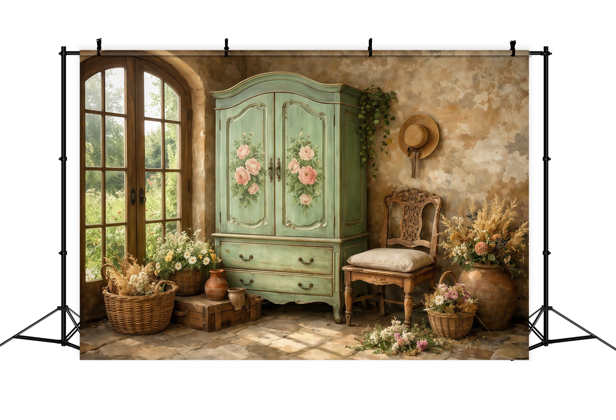 Farmhouse Chic Mother's Day Backdrop Vintage Mint Wardrobe Interior Mother's Day Picture Backdrop LXX63-41