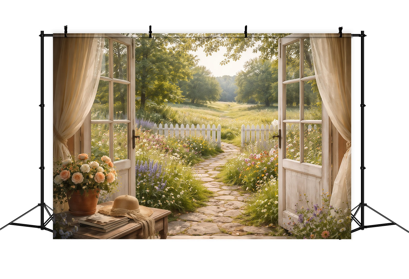 Farmhouse Chic Mother's Day Backdrop Sunlit Path Open Window View Mother's Day Picture Backdrop LXX63-42