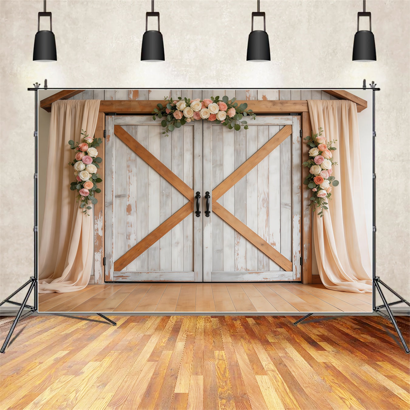 Farmhouse Chic Mother's Day Backdrop Rustic White Wooden Barn Door Mother's Day Picture Backdrop LXX63-43