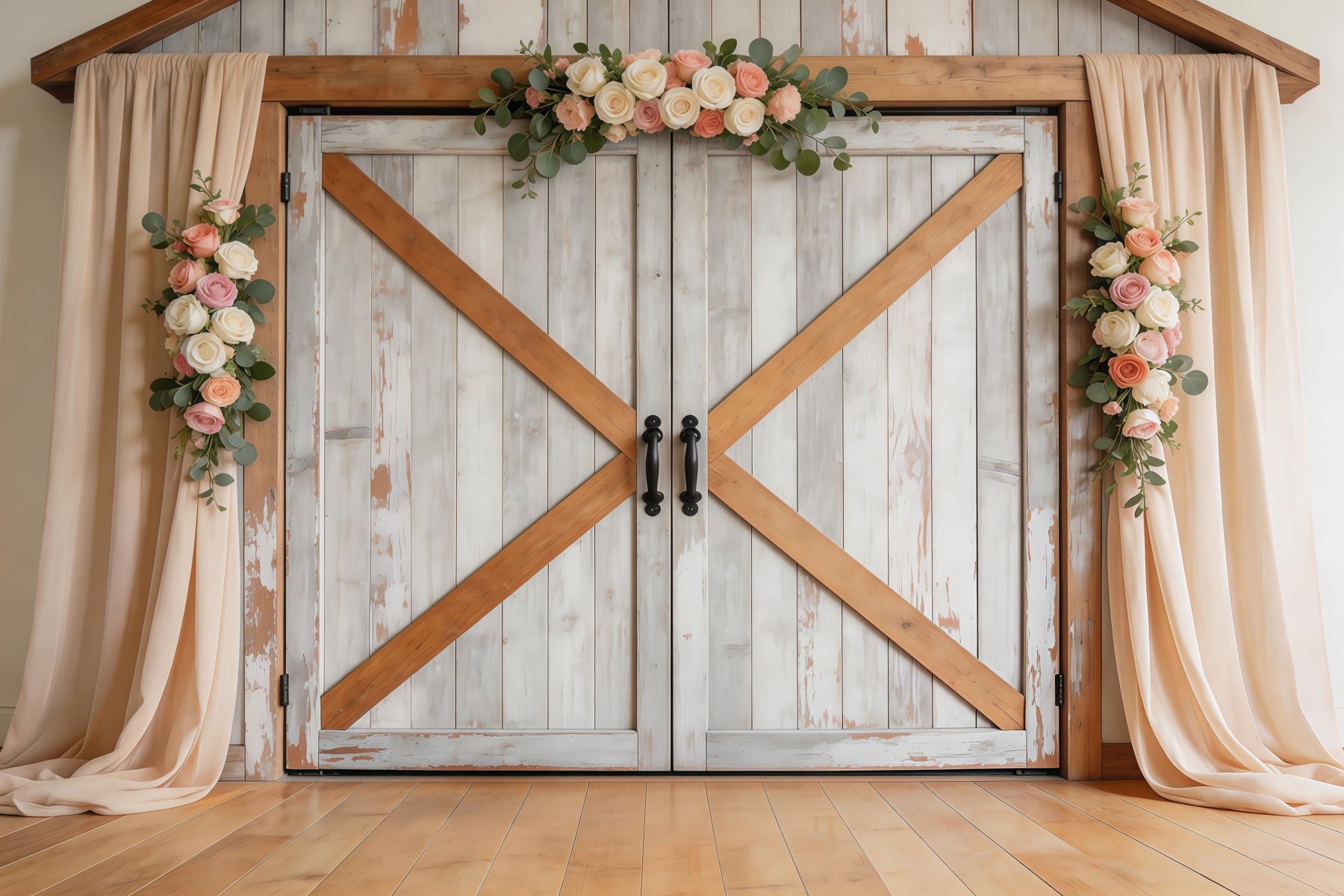 Farmhouse Chic Mother's Day Backdrop Rustic White Wooden Barn Door Mother's Day Picture Backdrop LXX63-43