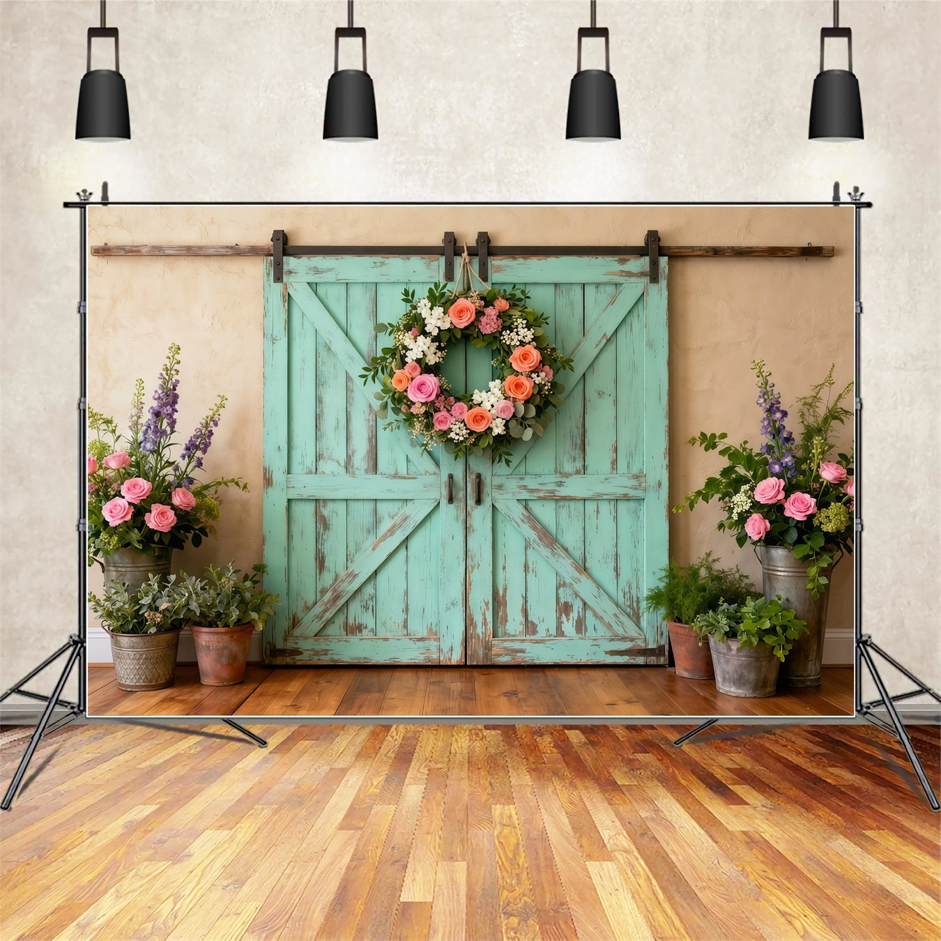 Farmhouse Chic Mother's Day Backdrop Distressed Teal Barn Door Wreath Mother's Day Picture Backdrop LXX63-44
