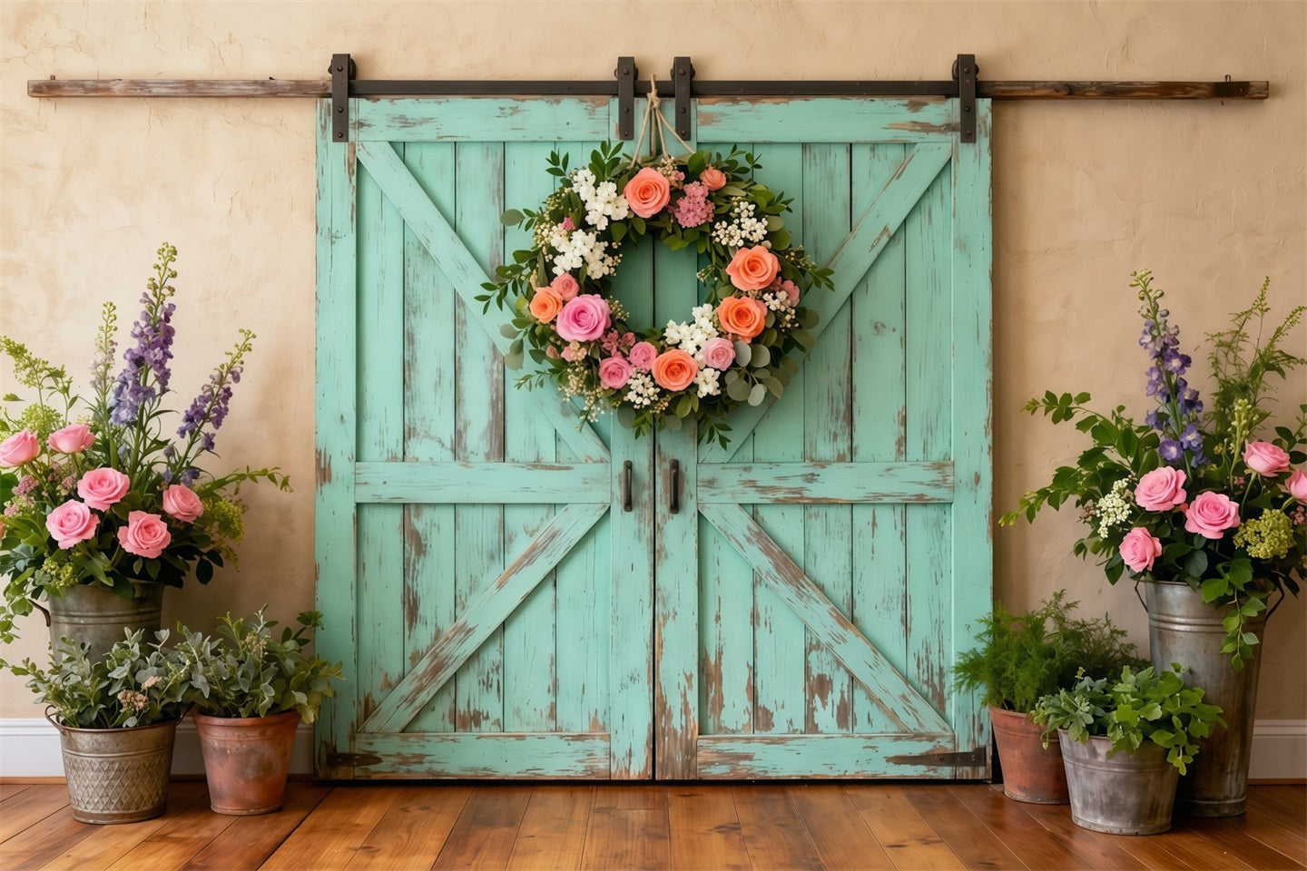 Farmhouse Chic Mother's Day Backdrop Distressed Teal Barn Door Wreath Mother's Day Picture Backdrop LXX63-44