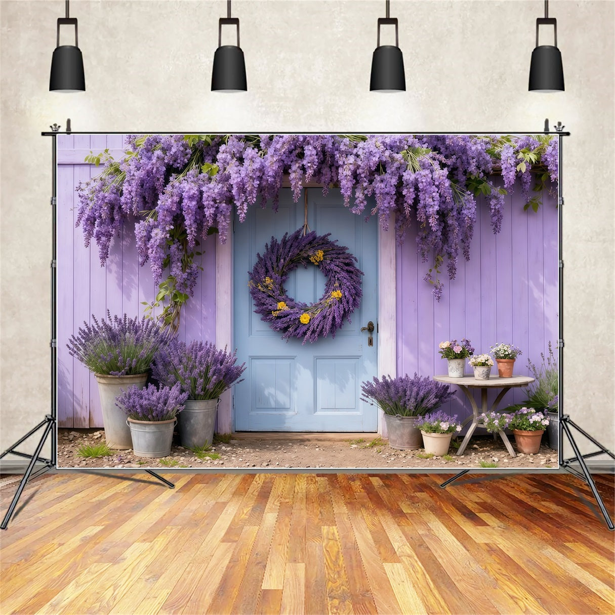 Lavender Bouquet Mother's Day Backdrop Purple Floral Wreath Blue Door Backdrop Mothers Day LXX63-45