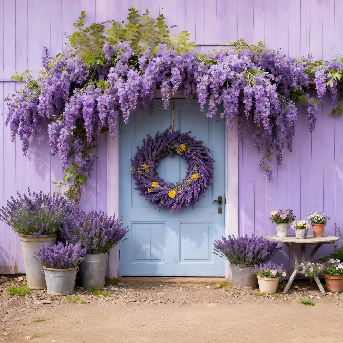 Lavender Bouquet Mother's Day Backdrop Purple Floral Wreath Blue Door Backdrop Mothers Day LXX63-45