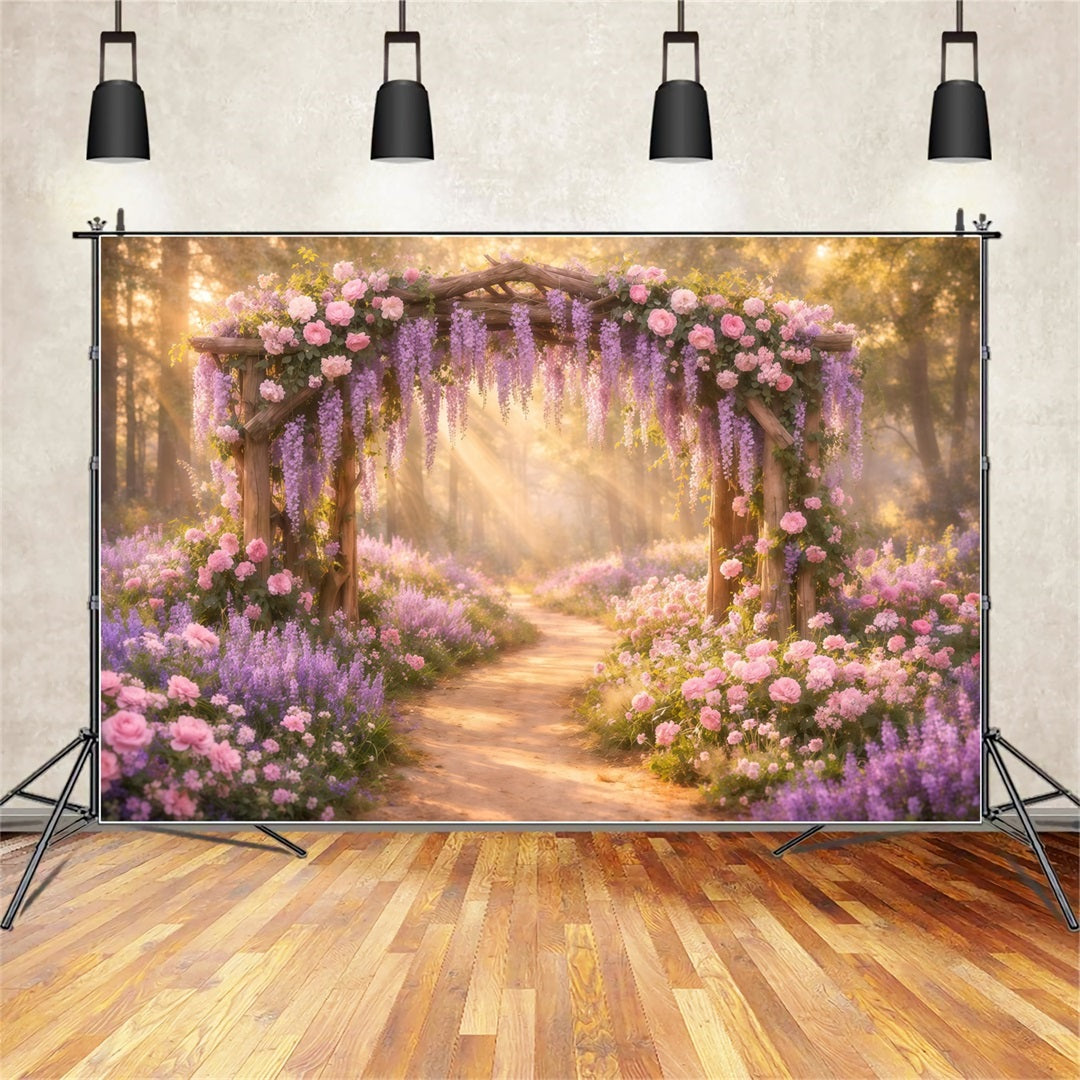 Lavender Bouquet Mother's Day Backdrop Golden Sunlight Floral Wisteria Arch Backdrop Mothers Day LXX63-48