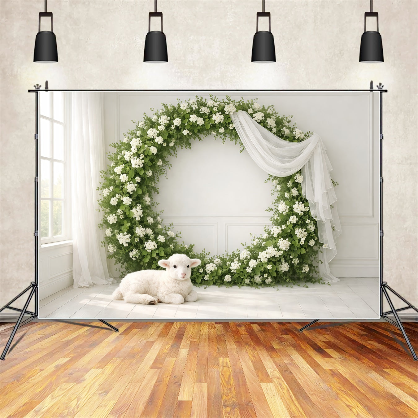 Mother's Day Backdrop Ideas For Church Floral Wreath White Lamb Happy Mothers Day Photo Backdrop LXX63-49