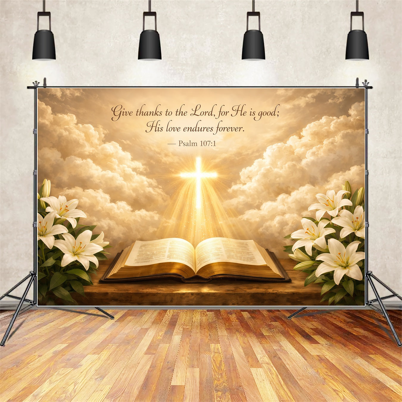 Mother's Day Backdrop Ideas For Church Golden Light Cross Lily Clouds Happy Mothers Day Photo Backdrop LXX63-50