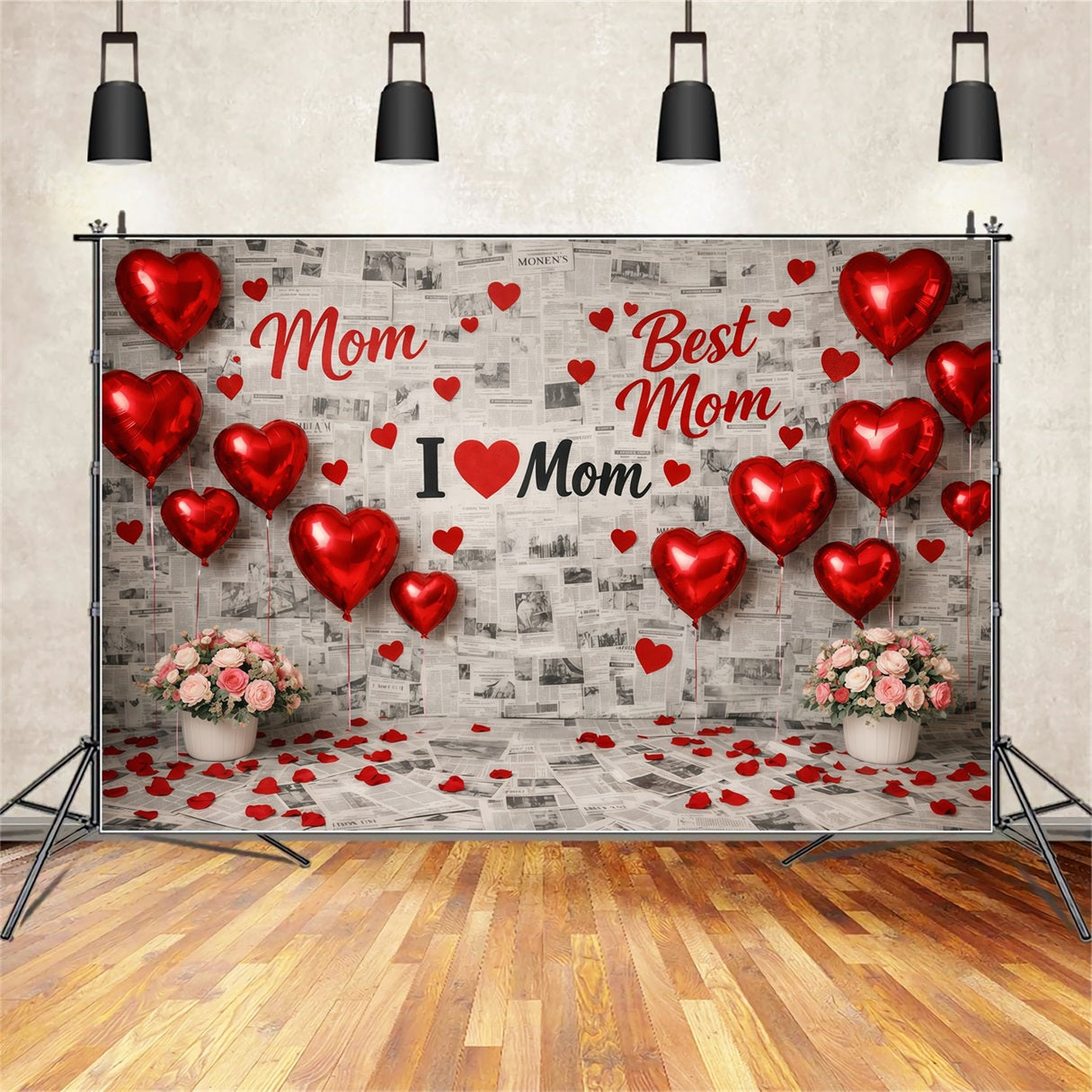 Mother's Day Backdrop For School Red Heart Balloon Newspaper Collage Happy Mothers Day Backdrops LXX63-53