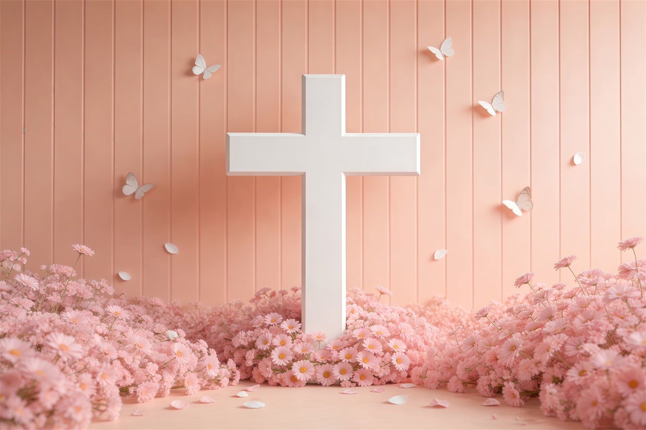Mother's Day Backdrop Church White Cross Pink Daisy Butterfly Mother Day Photo Backdrops LXX63-54