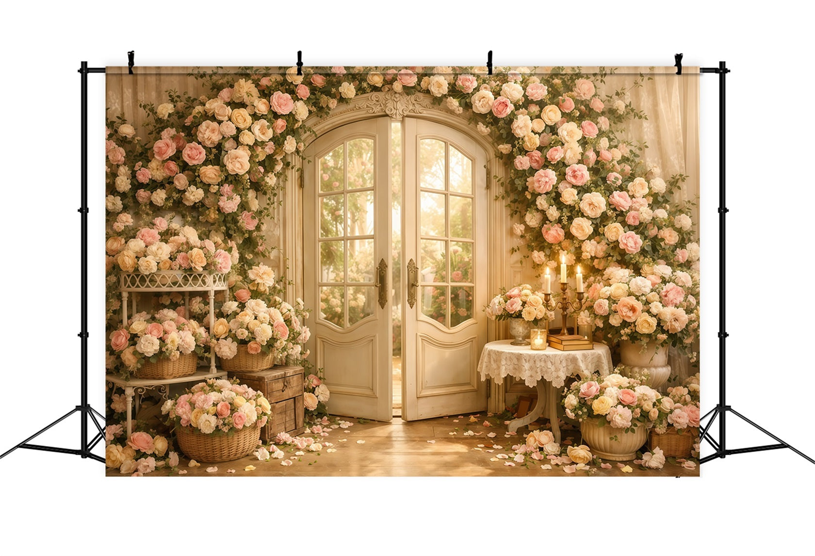 Mother's Day Backdrop With Flowers Romantic Floral Door Candle Vintage Backdrop Mother Day LXX63-55