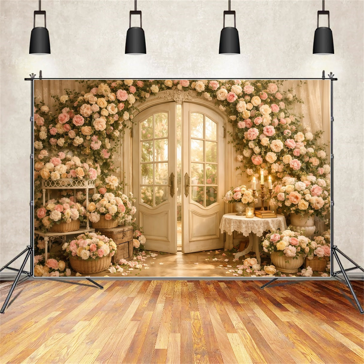 Mother's Day Backdrop With Flowers Romantic Floral Door Candle Vintage Backdrop Mother Day LXX63-55