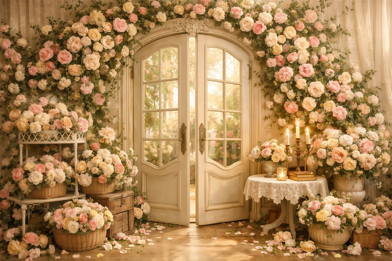 Mother's Day Backdrop With Flowers Romantic Floral Door Candle Vintage Backdrop Mother Day LXX63-55