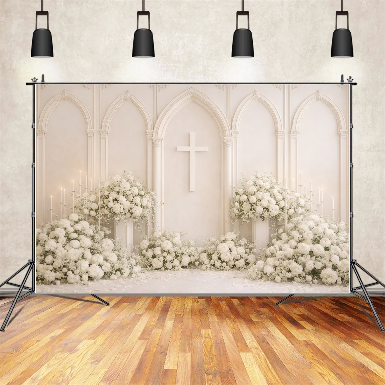 Mothers Day Backdrop Church White Floral Cross Arch Cathedral Elegance Mothersday Backdrop LXX63-62