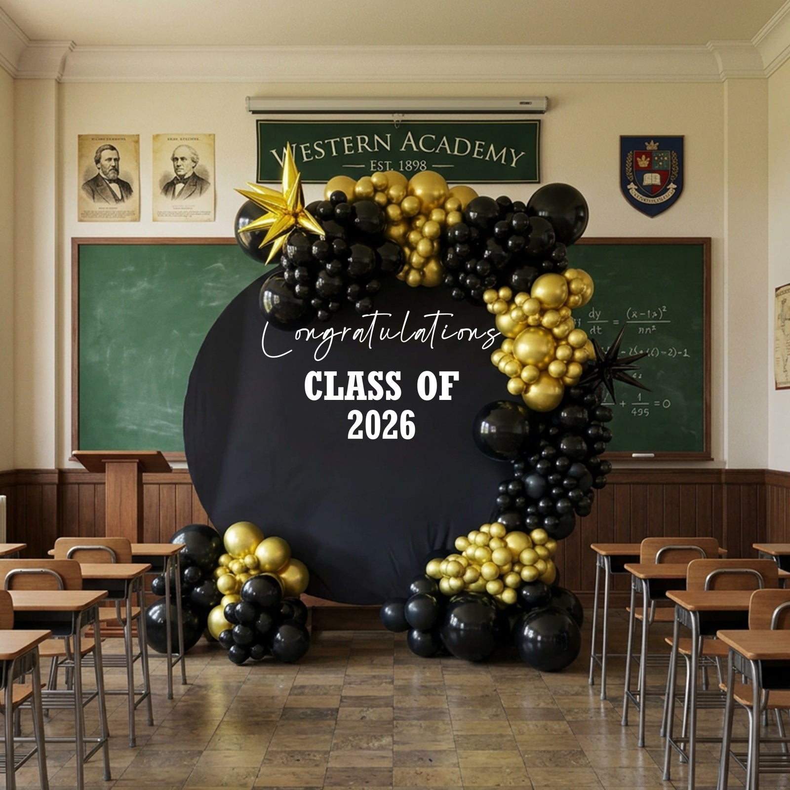 Black And Gold Graduation Round Backdrop Custom 2026 Typography Elegant Graduation Round Backdrop LXX64-21