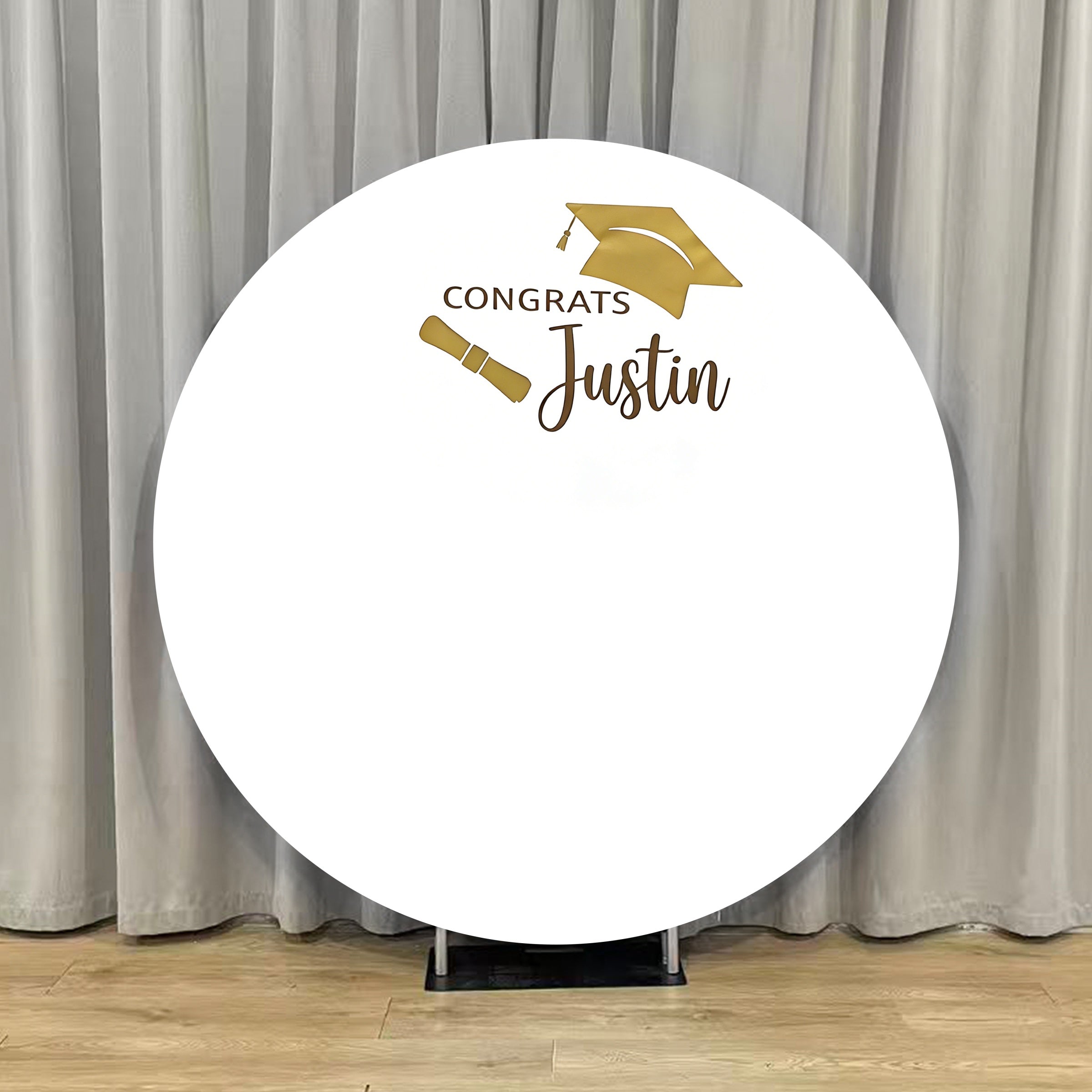 College Graduation Round Backdrop White Gold Typography Cap University Graduation Round Backdrop LXX64-22