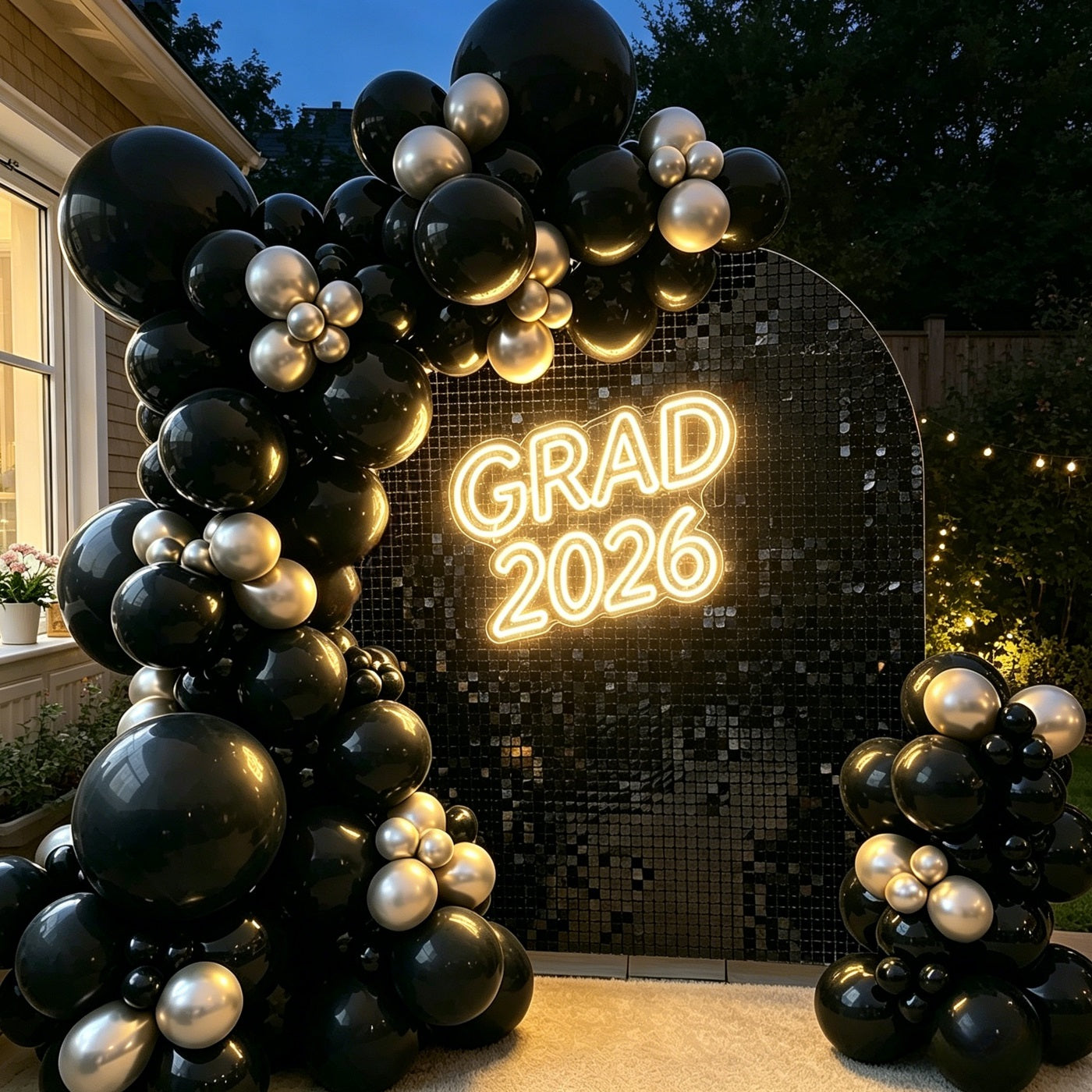 Graduation Arch Backdrop Black Sequin Neon Grad 2026 Luxury Graduation Sequin Arch Backdrop LX64-23