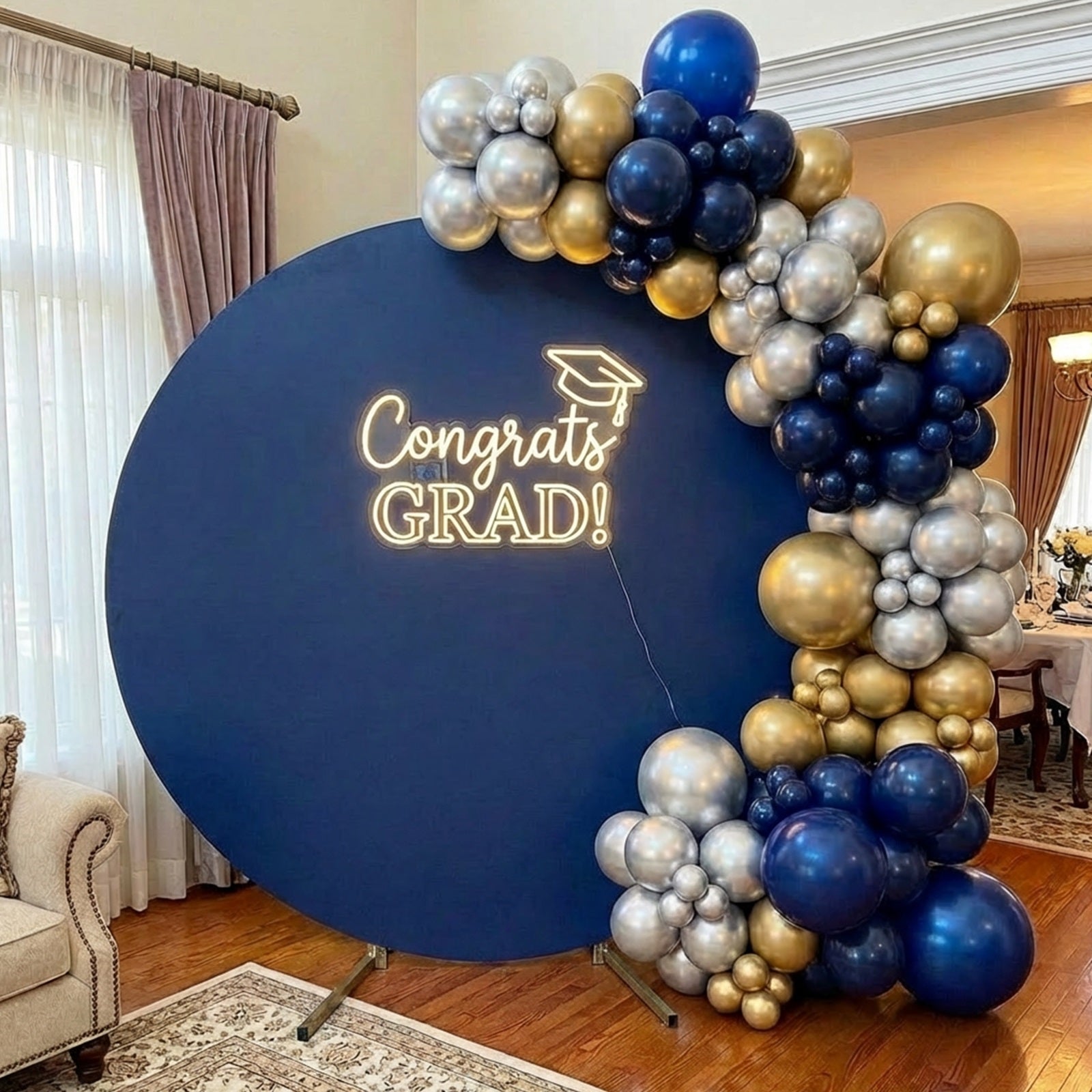 Round Graduation Backdrop Blue Neon Congrats Grad Round Graduation Backdrop With Neon Sign LX64-30