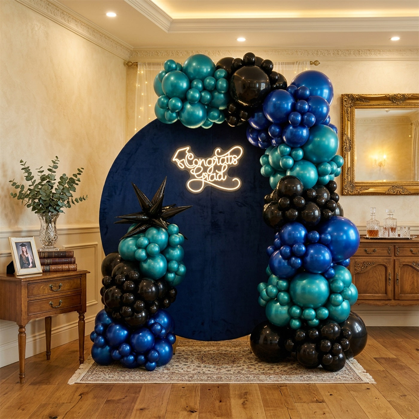 Round Graduation Backdrop Navy Velvet Neon Grad Congrats Grad Round Neon Backdrop LX64-31