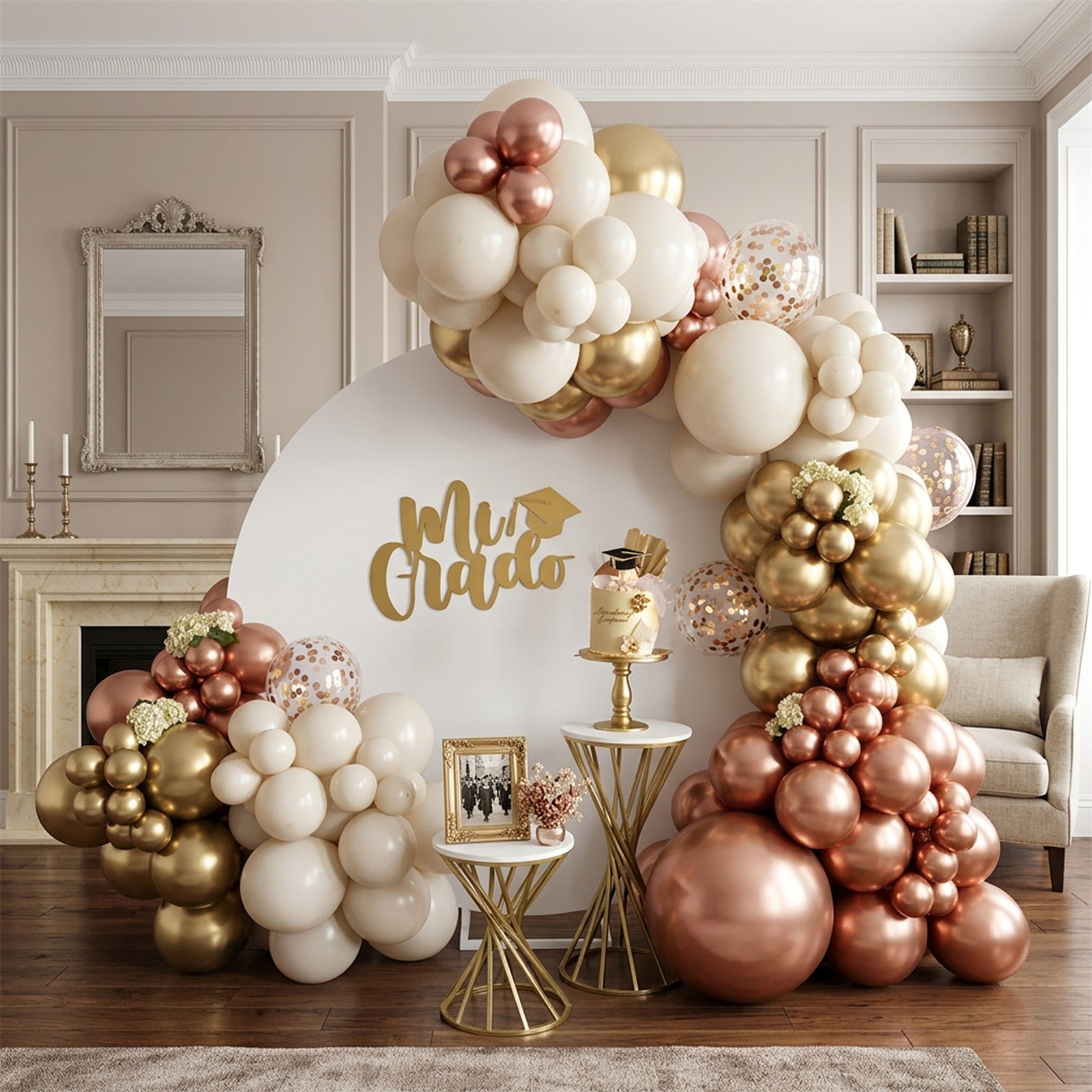 Graduation Round Backdrop White Gold Custom Text Cap Personalized Graduation Round Backdrop LXX64-36