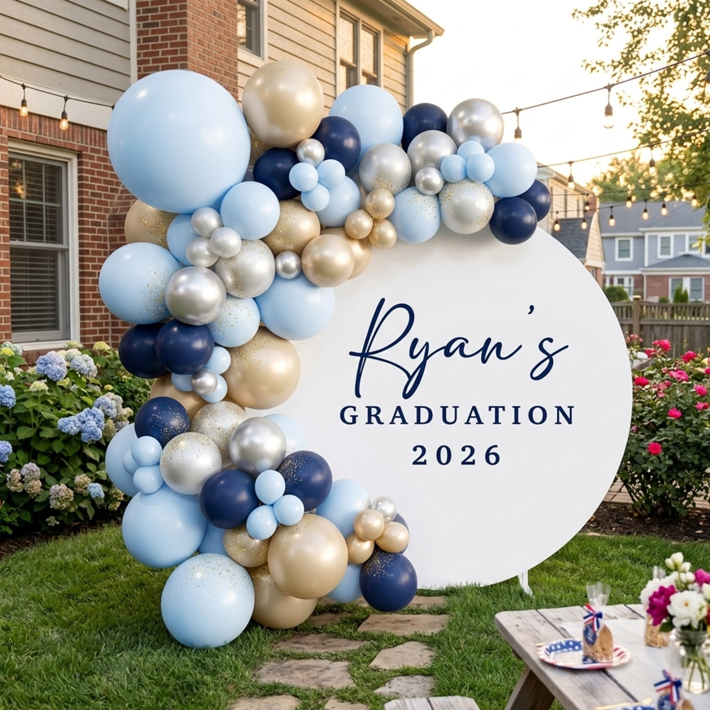 Personalized Graduation Round Backdrop White Navy 2026 Text Custom Graduation Round Backdrop LXX64-39