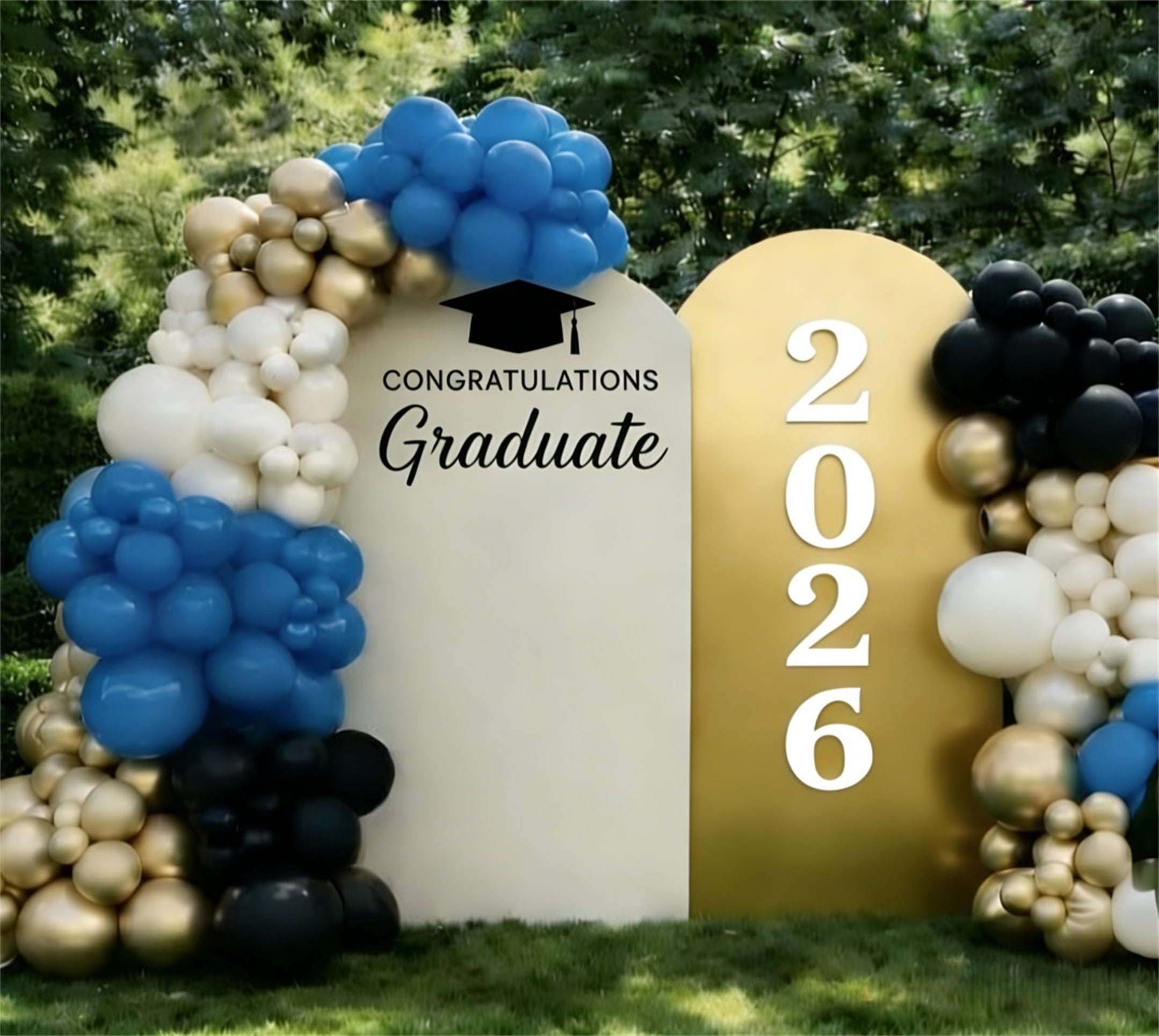 Graduation Backdrop With Name Beige Gold Dual Cap 2026 Personalized Graduation Backdrop LXX64-4
