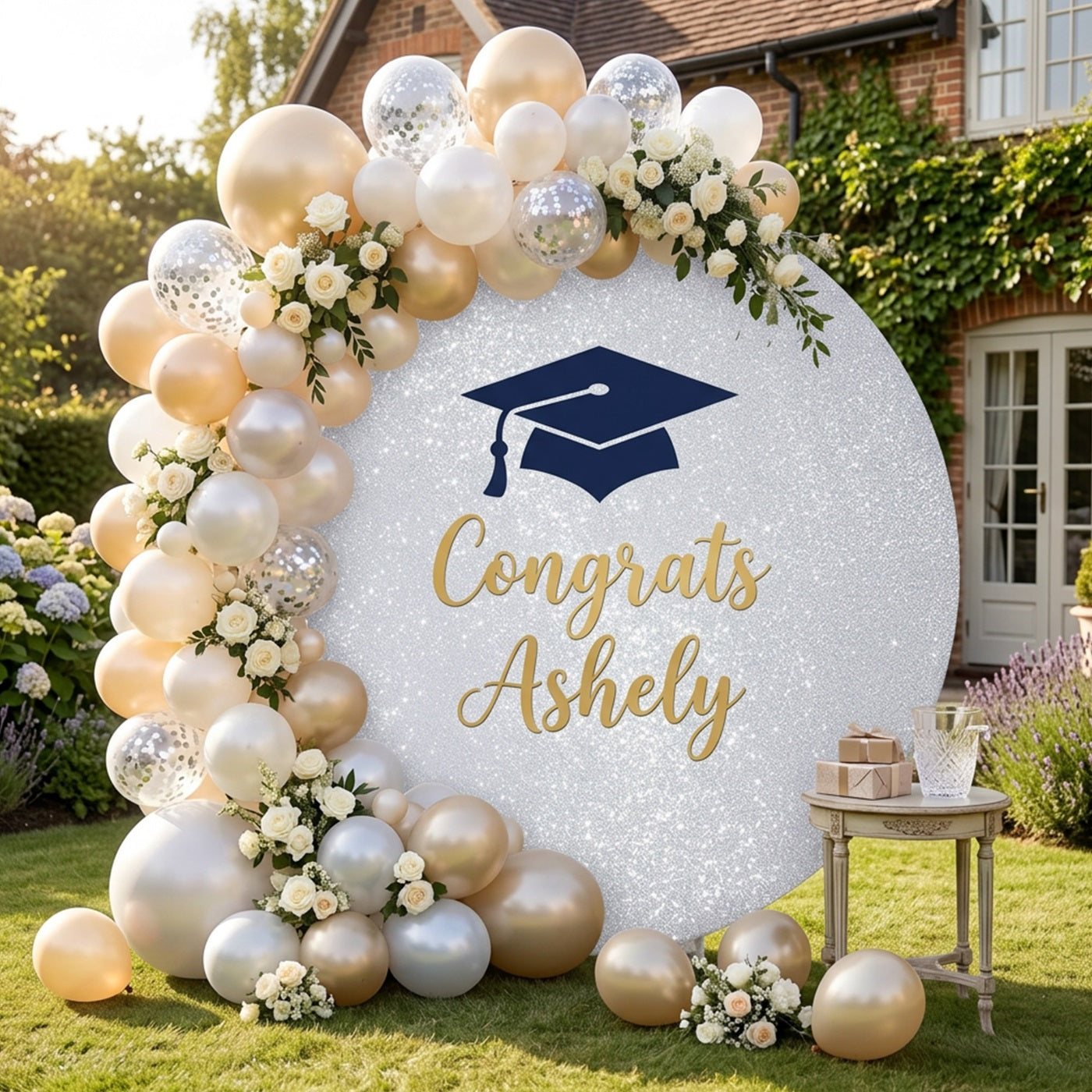 Graduation Round Photo Booth Backdrop Silver Glitter Gold Text Cap Round Graduation Photo Backdrop LXX64-45
