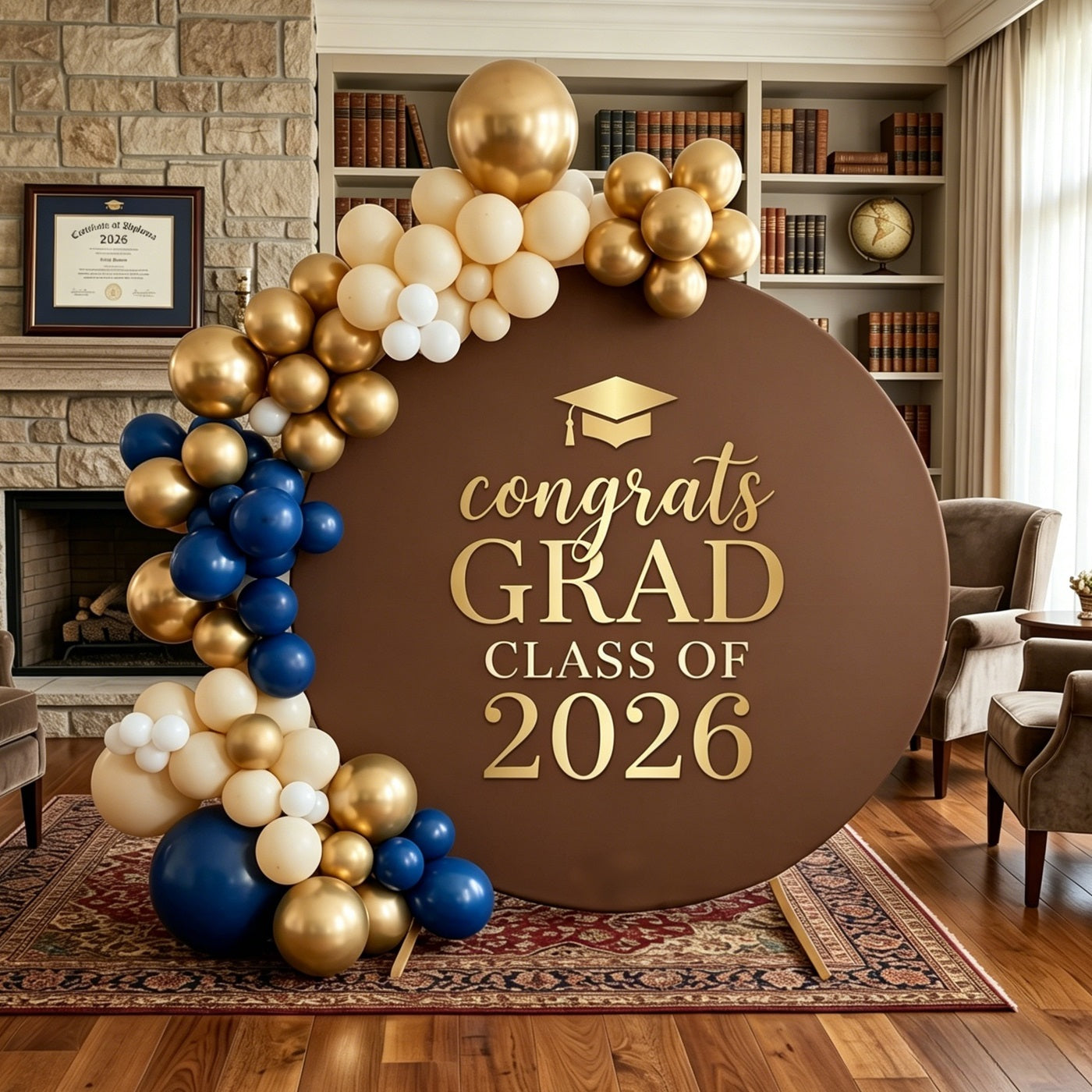Graduation Backdrop With Name Brown Gold 2026 Grad Cap Accent Personalized Graduation Backdrop LXX64-49