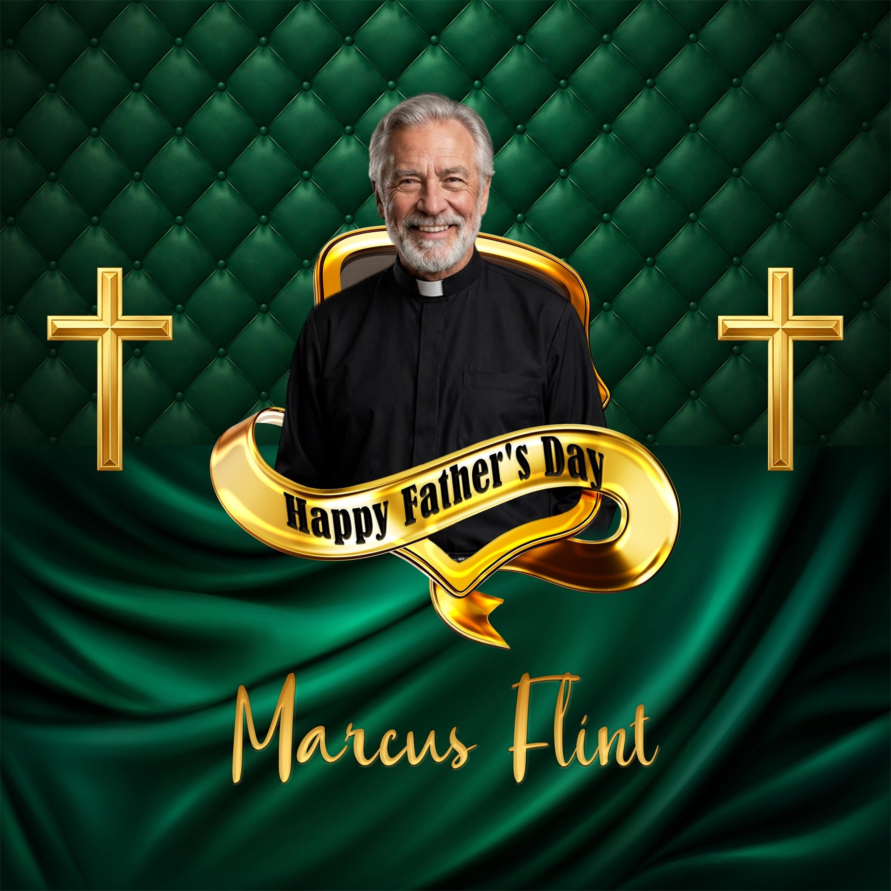 Father's Day Backdrop For Church Emerald Quilted Priest Gold Crosses Church Backdrop LXX64-89