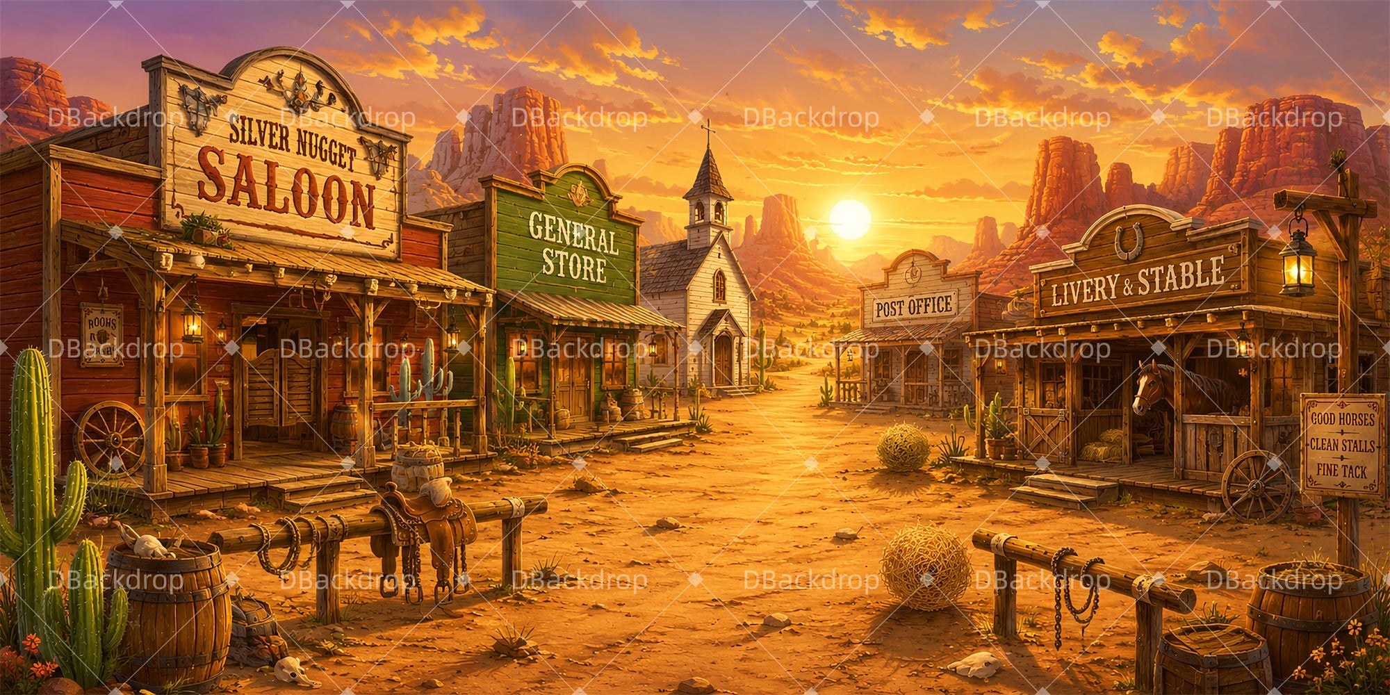 Western Town Backdrop Sunset Western Town VBS Backdrop LXX65-T2