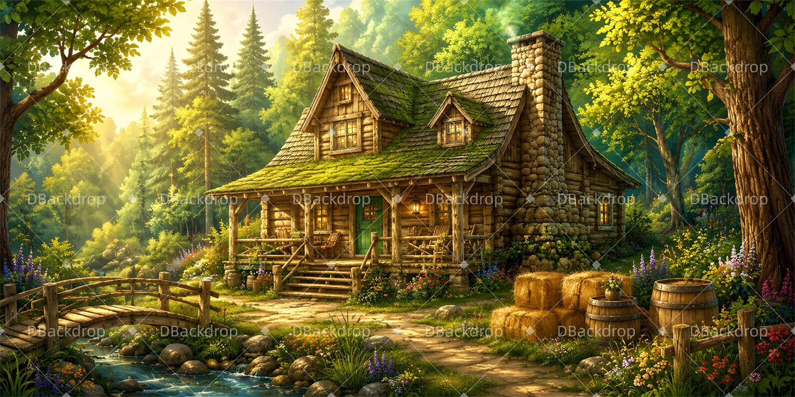Log Cabin Backdrop Rustic Forest Cabin Scuba VBS Backdrop LXX65-T9