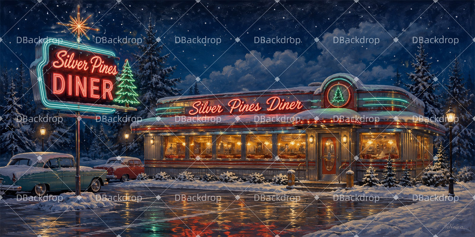 Theater Stage Backdrop Snowy Roadside Diner Performance Backdrop LXX66-T143