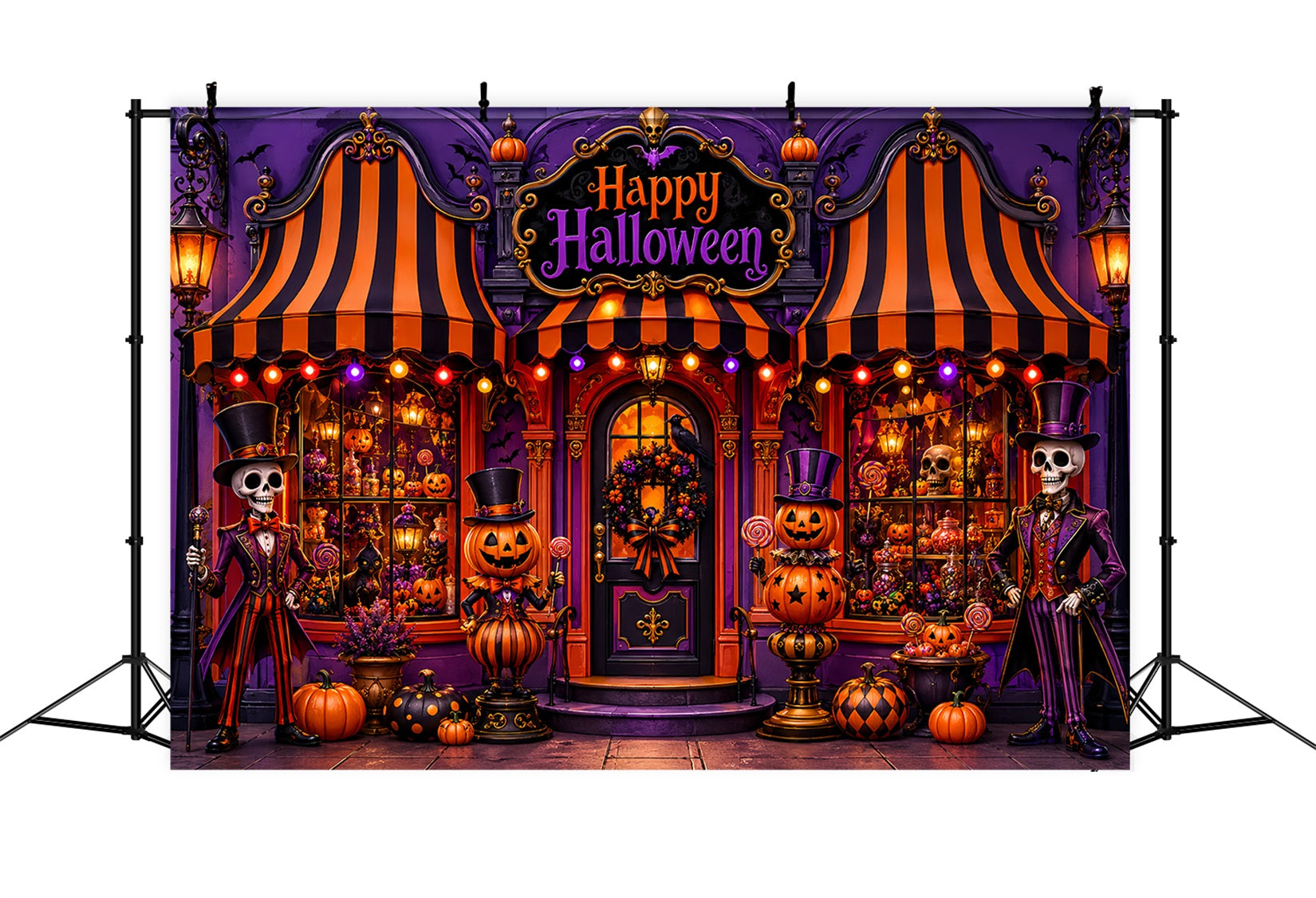 Halloween Backdrop Ideas DIY Skeleton Pumpkin Candy Shop Purple Halloween Backdrop LXX67-100