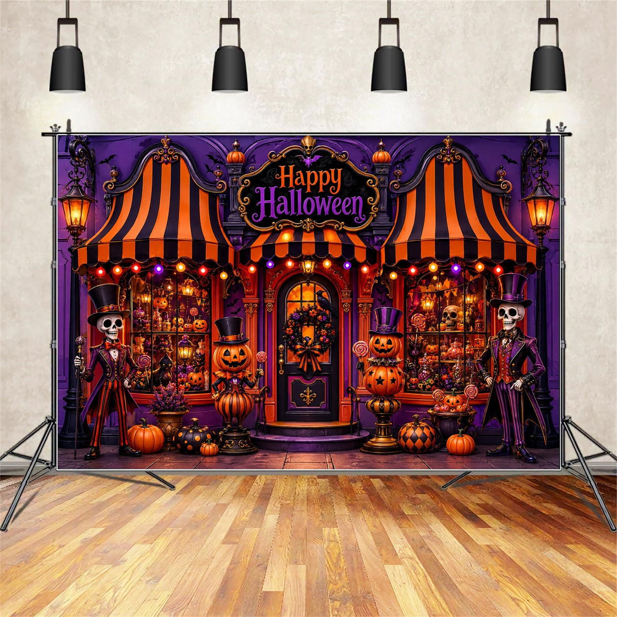 Halloween Backdrop Ideas DIY Skeleton Pumpkin Candy Shop Purple Halloween Backdrop LXX67-100