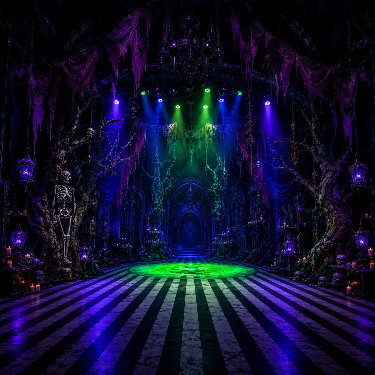 Halloween Party Photo Backdrop Ideas Skeleton Haunted Hall Spotlight Creepy Halloween Backdrop LXX67-101