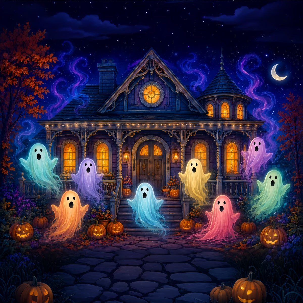 Halloween Scene Backdrop Colorful Ghost Haunted House Backdrop For Halloween LXX67-102