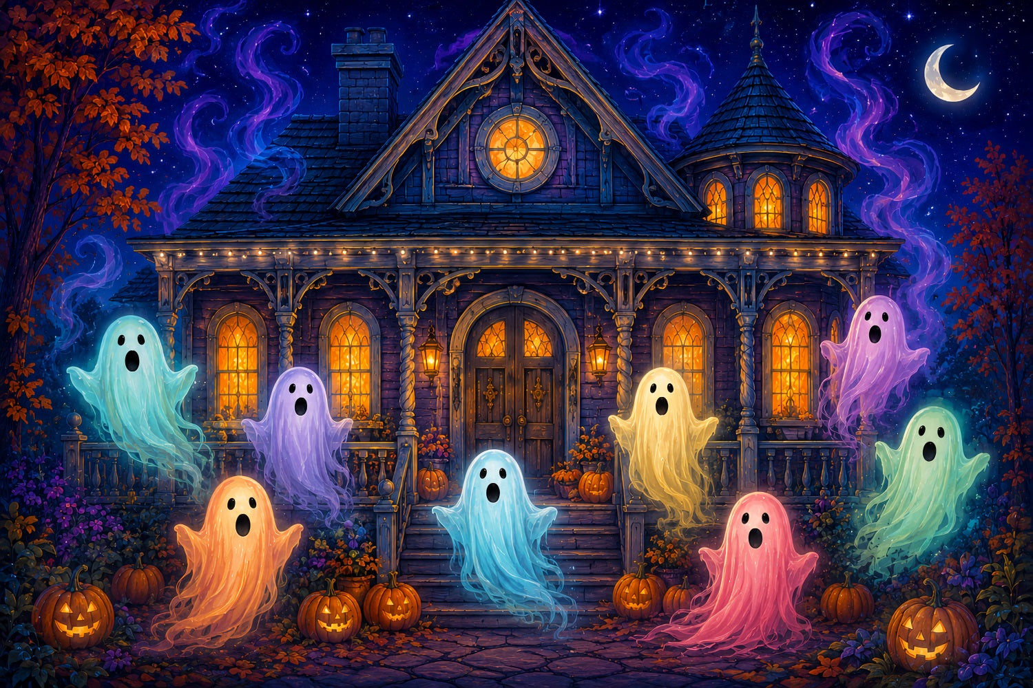 Halloween Scene Backdrop Colorful Ghost Haunted House Backdrop For Halloween LXX67-102