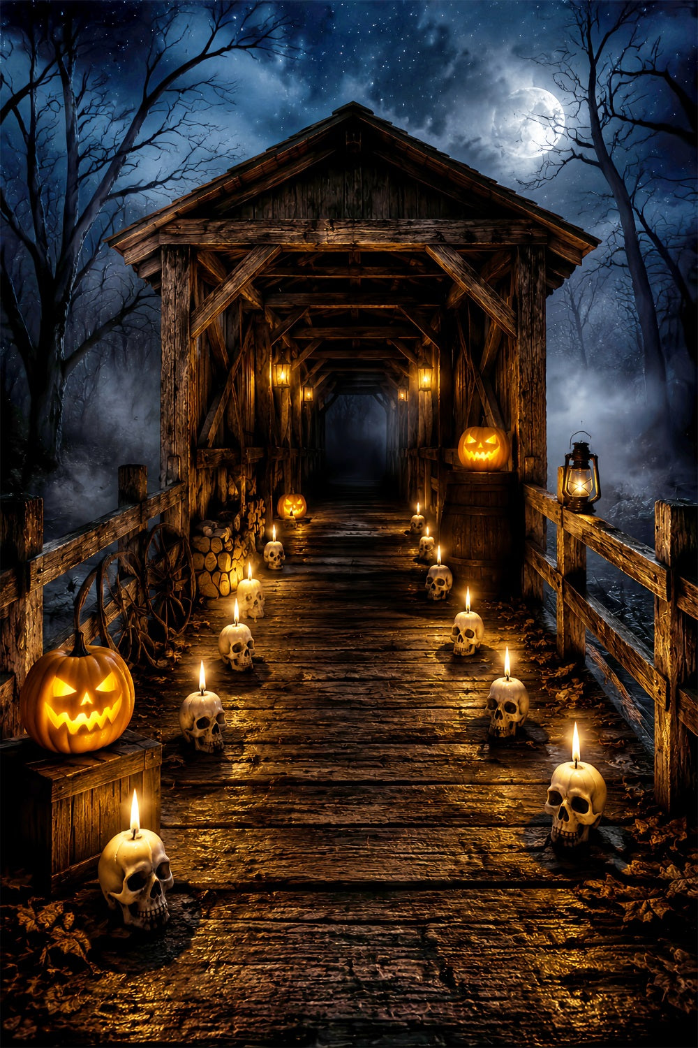 Halloween Outdoor Backdrop Skull Candle Covered Bridge Halloween Backdrops For Photos LXX67-11