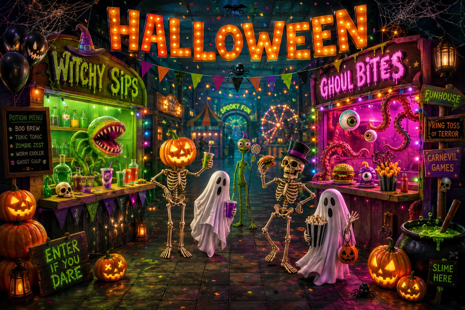 Halloween Party Backdrops Neon Monster Carnival Street Halloween Photo Booth Backdrop LXX67-114