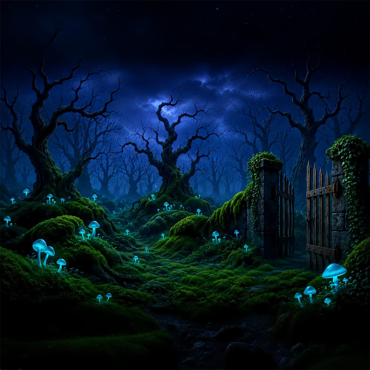 Halloween Moon Backdrop Glowing Mushroom Forest Gate Halloween Photo Backdrops LXX67-115