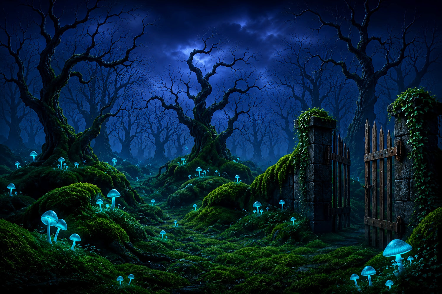 Halloween Moon Backdrop Glowing Mushroom Forest Gate Halloween Photo Backdrops LXX67-115