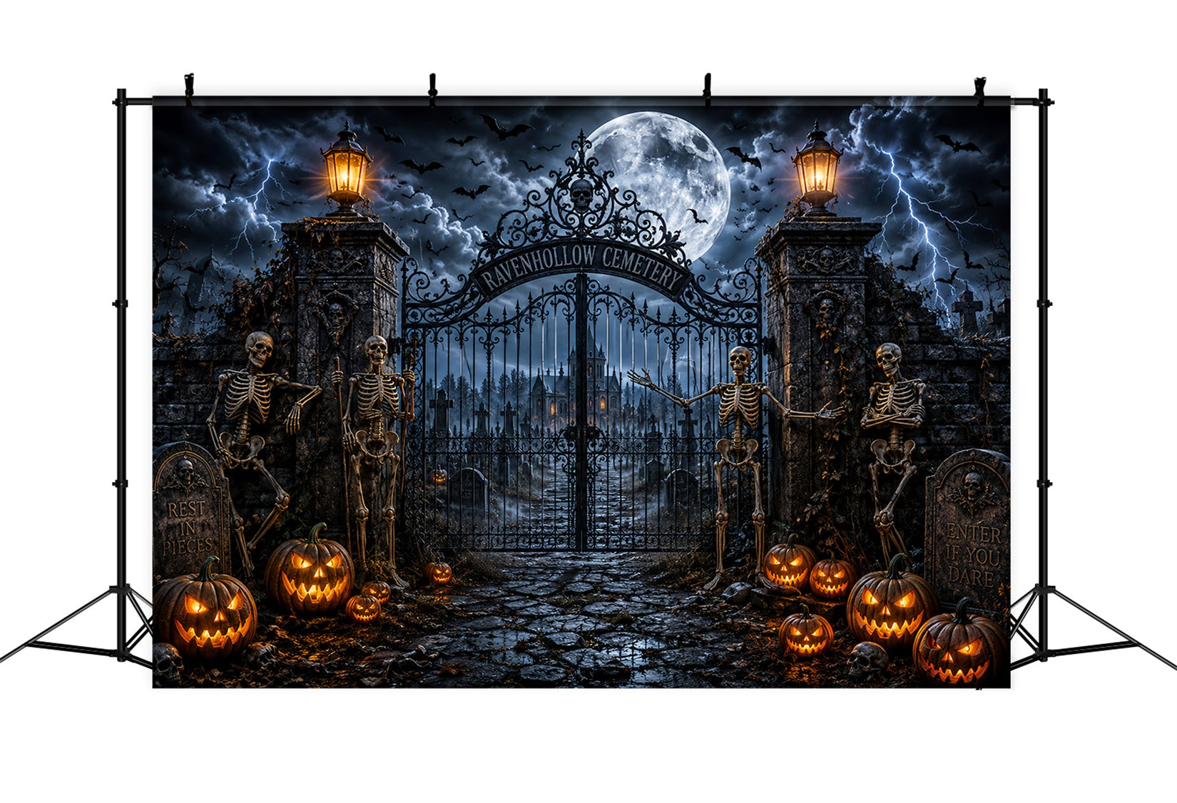 Outdoor Halloween Backdrop Stormy Skeleton Cemetery Gate Spooky Halloween Backdrop LXX67-116
