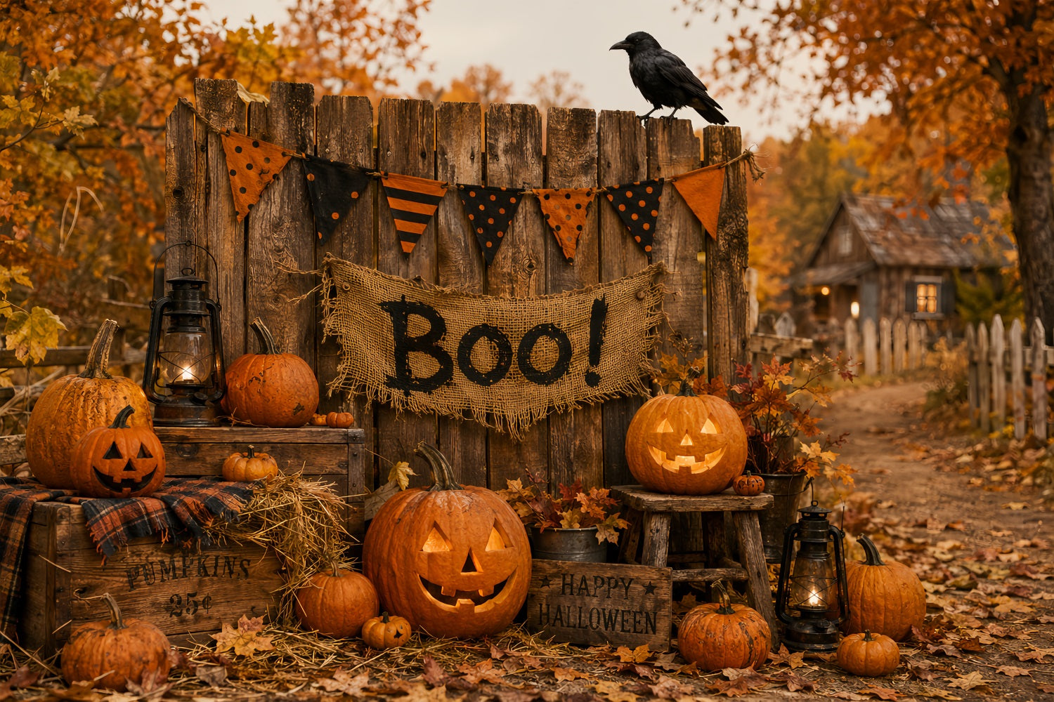 Halloween Backdrop For Photo Booth Rustic Boo Pumpkin Fence Cute Halloween Backdrop LXX67-118