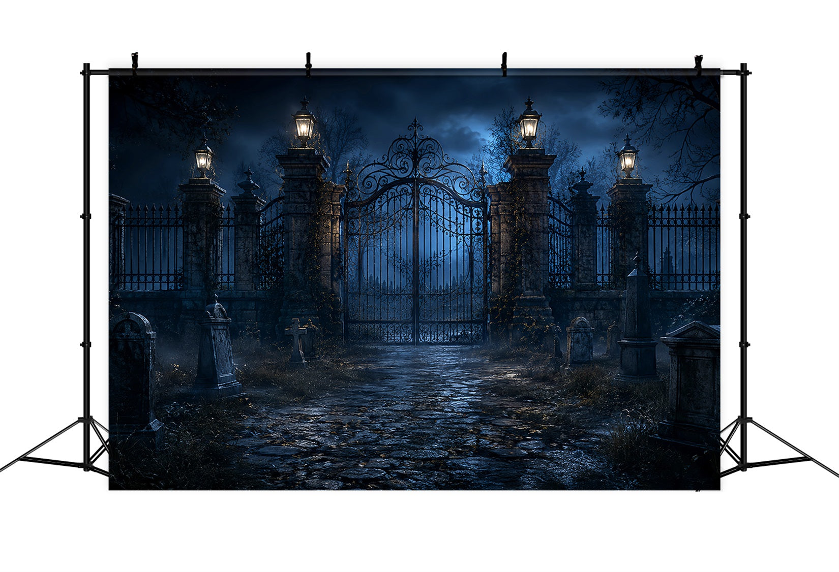 Halloween Outdoor Backdrop Moonlit Cemetery Iron Gate Halloween Backdrops For Photos LXX67-120