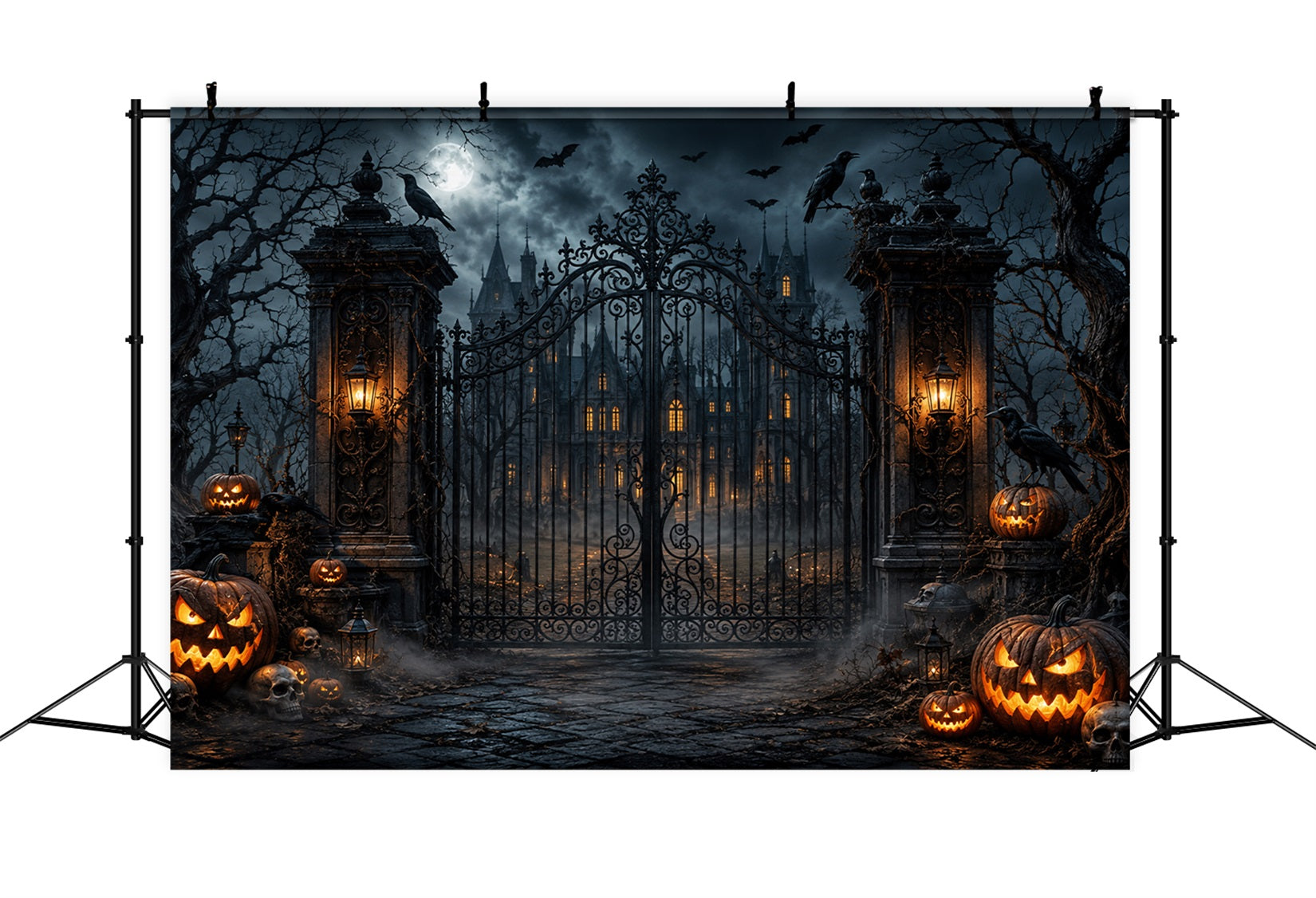 Halloween Outdoor Backdrop Gothic Mansion Pumpkin Gate Halloween Backdrops For Photos LXX67-121