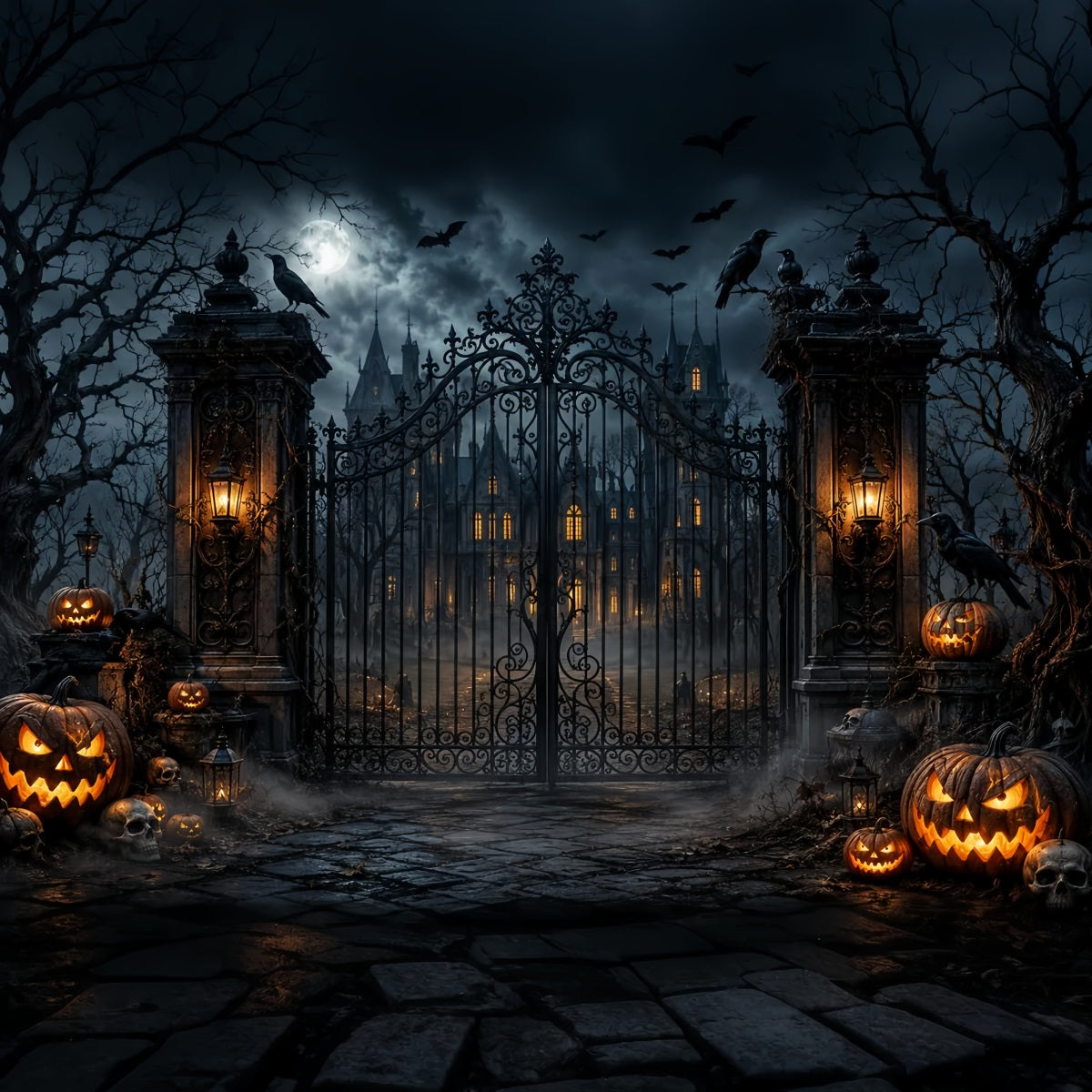 Halloween Outdoor Backdrop Gothic Mansion Pumpkin Gate Halloween Backdrops For Photos LXX67-121