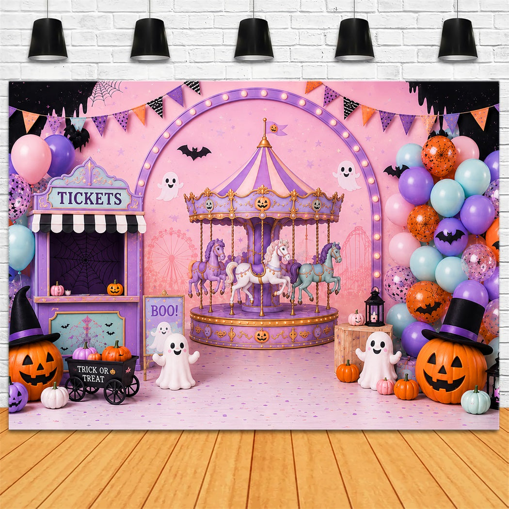 Cute Halloween Photo Backdrop Pastel Carousel Ghost Party Backdrop Halloween LXX67-122