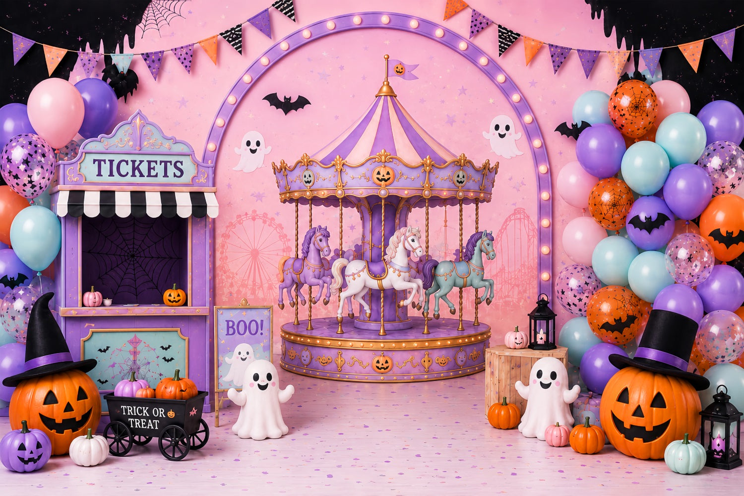 Cute Halloween Photo Backdrop Pastel Carousel Ghost Party Backdrop Halloween LXX67-122